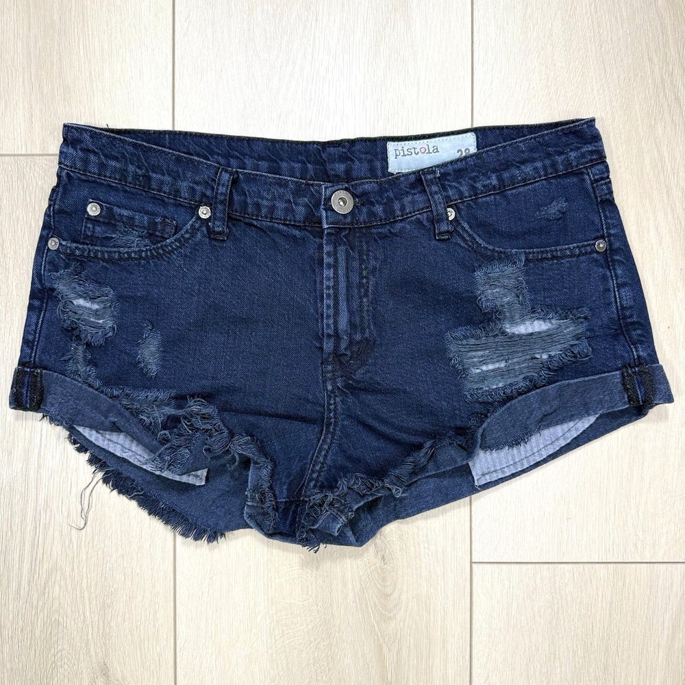 Y2K Pistola Womens Denim Shorts‎ Size 28 Dark Wash Distressed Cuffed Fray Hem